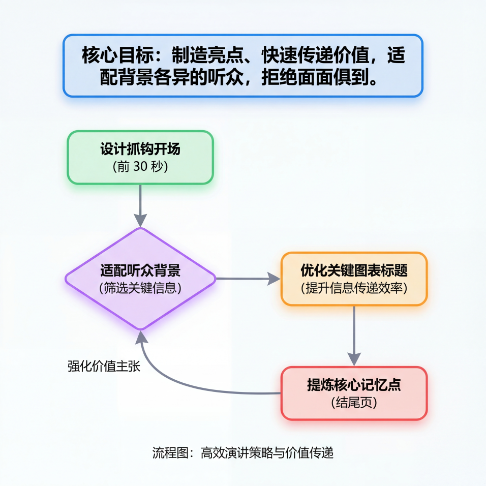 生成一个流程图：
核心目标：制造亮点、快速传递价值，适配背景各异的听众，拒绝面面俱到。
设计抓钩开场（前 30 秒）提炼核心记忆点（结尾页）优化关键图表标题