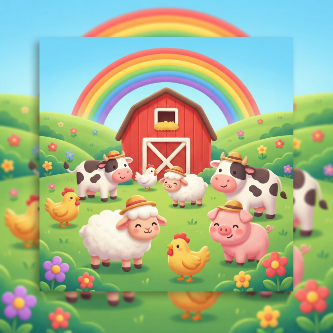 A joyful farm scene with cute fluffy characters, vibrant colors, suitable for Instagram post