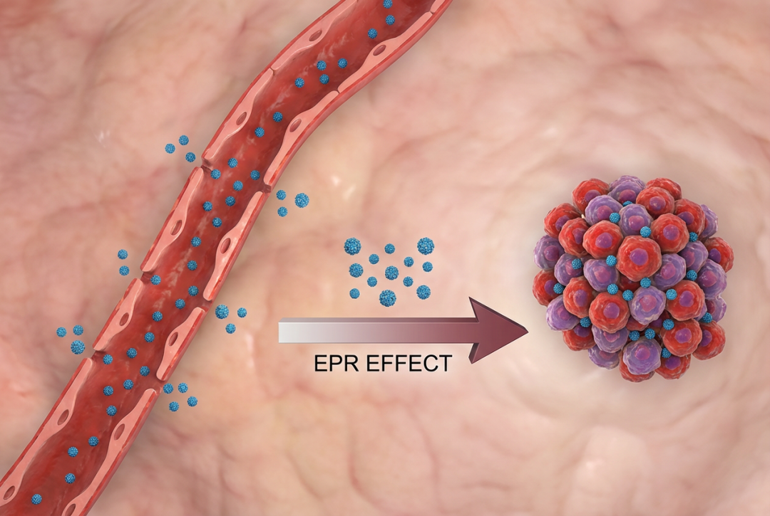 纳米粒子药物通过血管靶向肿瘤细胞，EPR效应，3d结构图