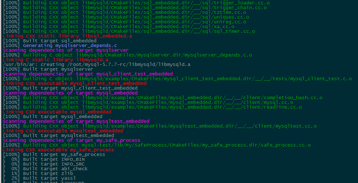 编译MySQL5.7.7rc的make命令执行结果