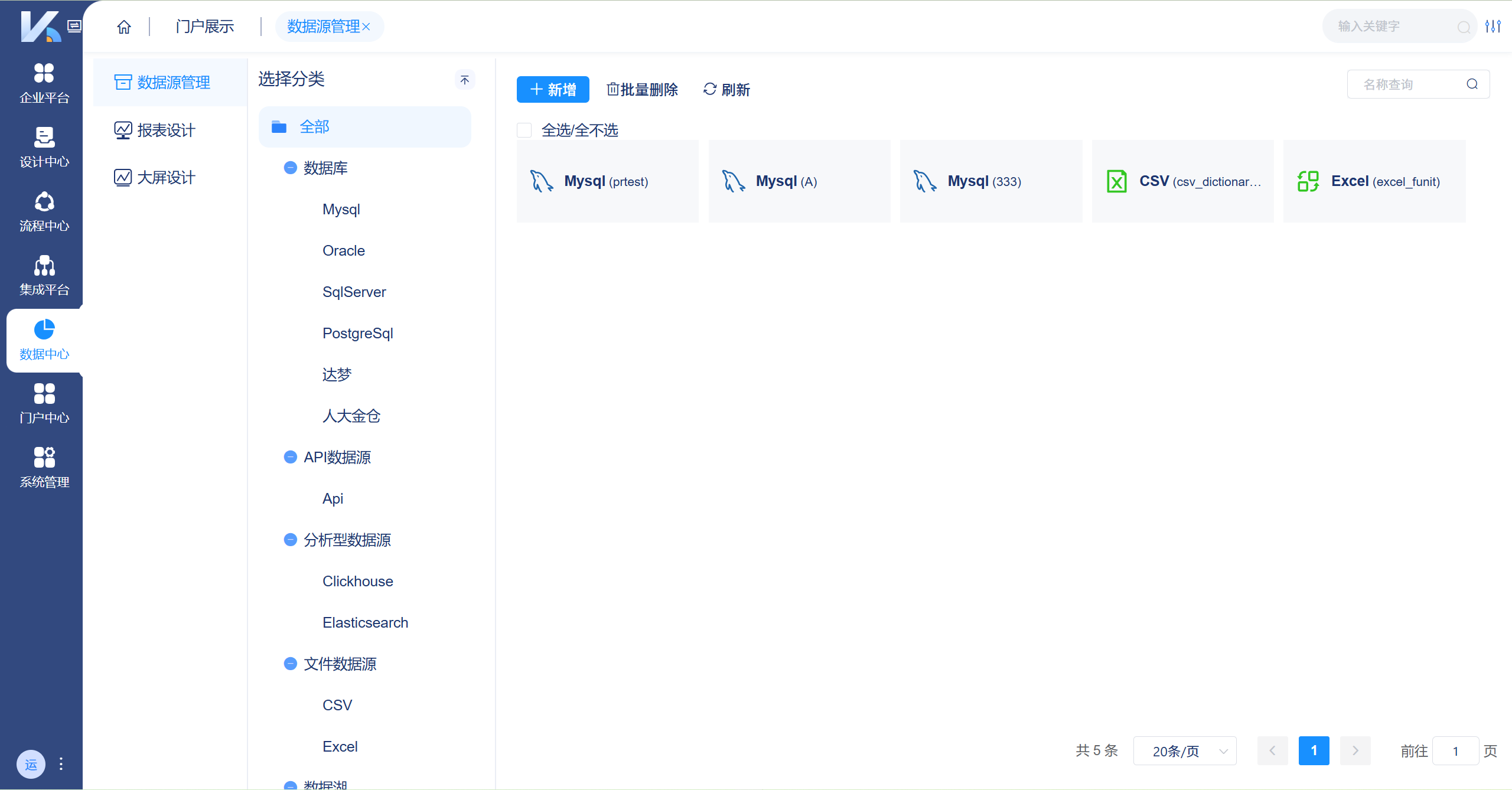 数据源管理支持多种类型数据接入，助力企业统一管理异构数据。