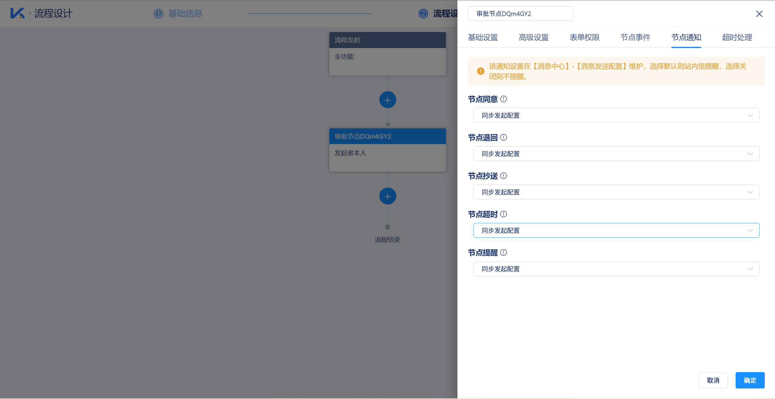KPaaS 平台的流程设计支持配置节点通知、超时提醒和自动催办功能。