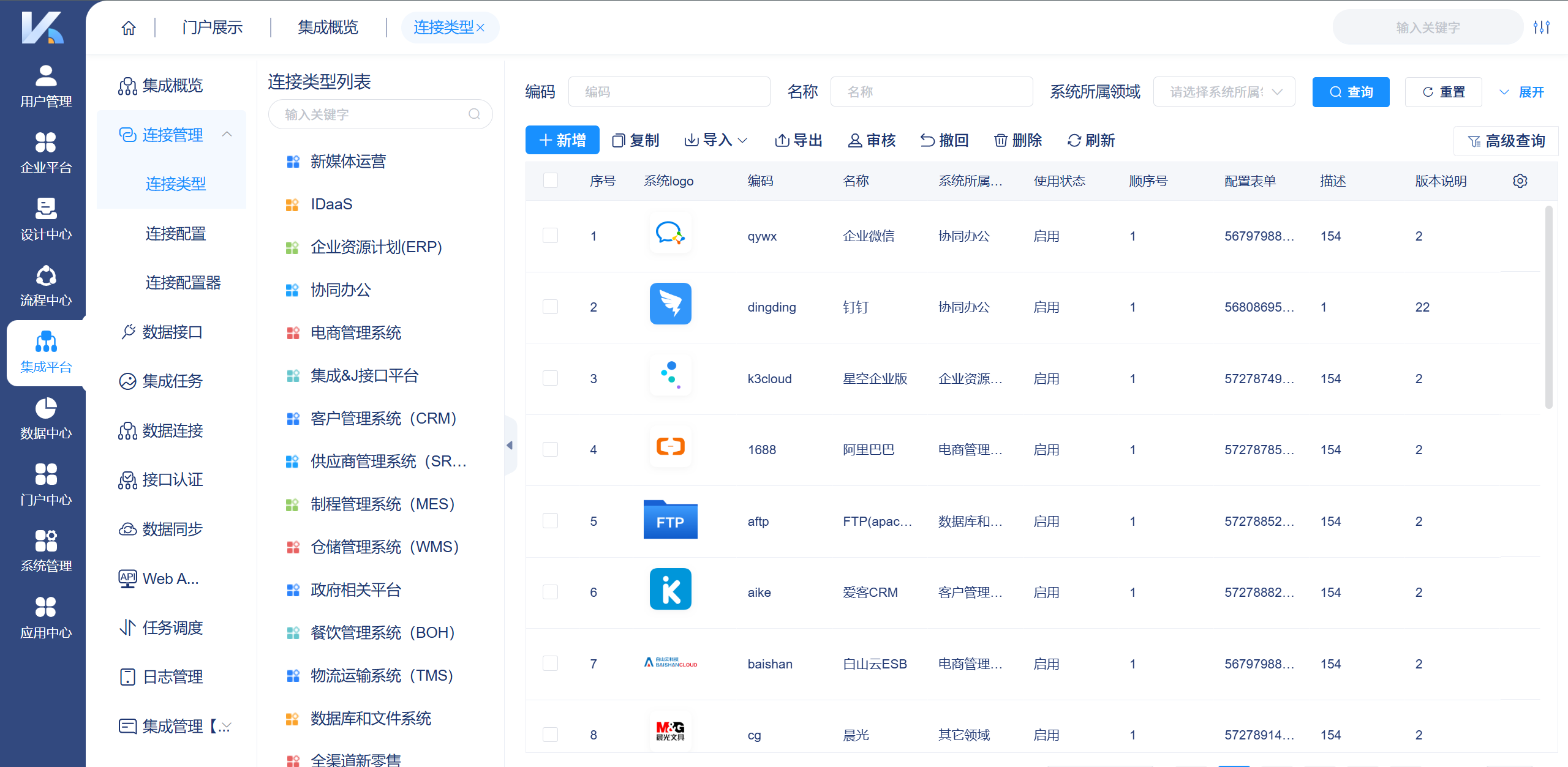 集成式流程管理平台的预置接口界面