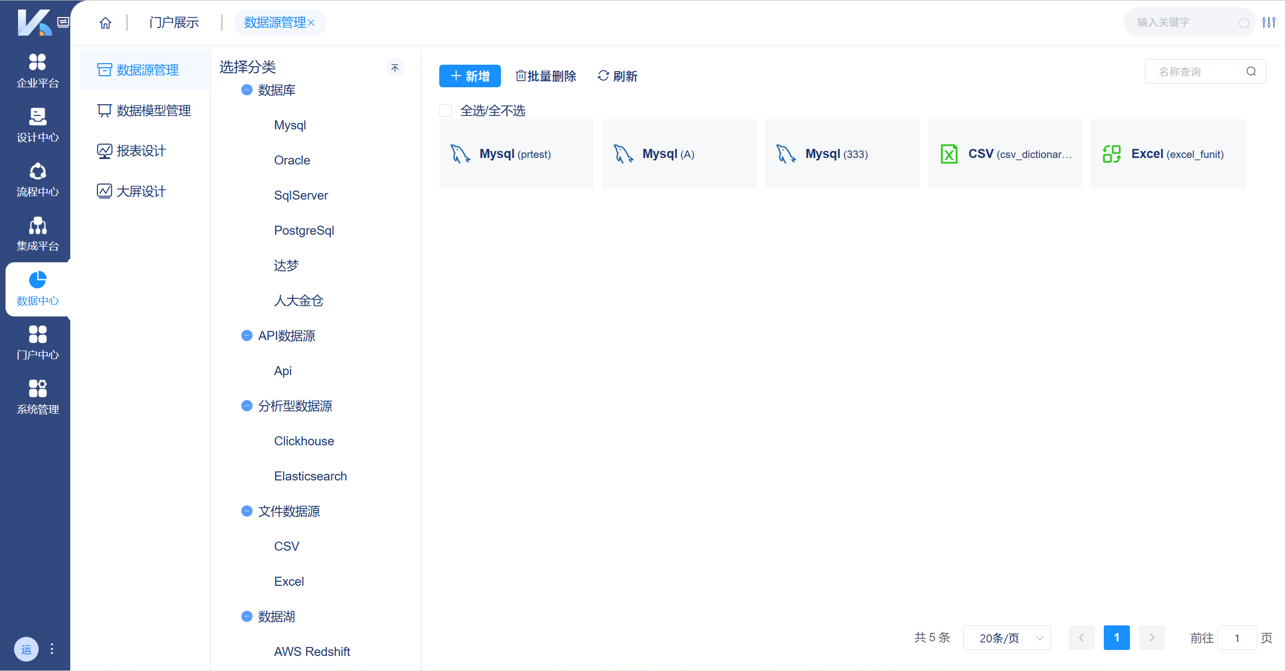 数据源管理支持多种类型数据接入,助力企业统一管理异构数据。