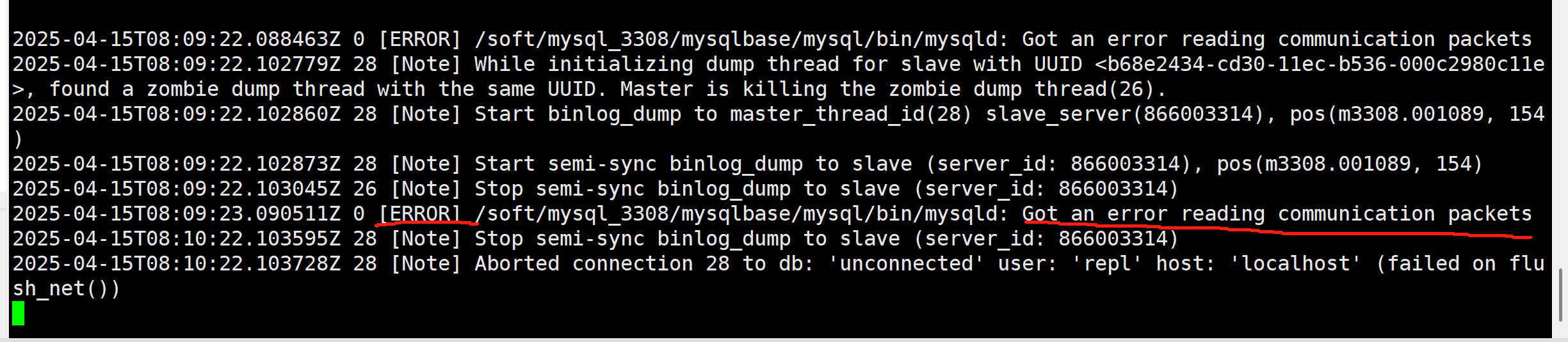 [MYSQL] 从库停止复制进程,为啥主库日志报错[ERROR]mysqld: Got an error reading communication packe