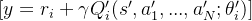 [ y = r_i + \gamma Q'_i(s', a'_1, ..., a'_N; \theta'_i) ]