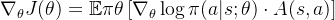 \nabla_\theta J(\theta) = \mathbb{E}{\pi\theta} \left[ \nabla_\theta \log \pi(a|s;\theta) \cdot A(s, a) \right]
