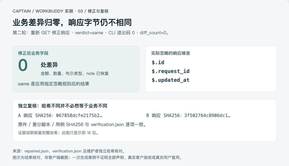 图3：修正后零业务差异，三项噪音仍不同，并独立核对输入和脚本哈希
