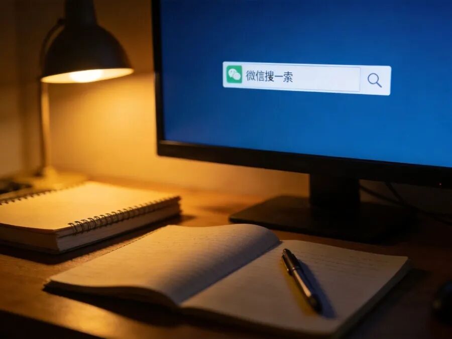 书桌场景，电脑屏幕显示搜一搜搜索框
