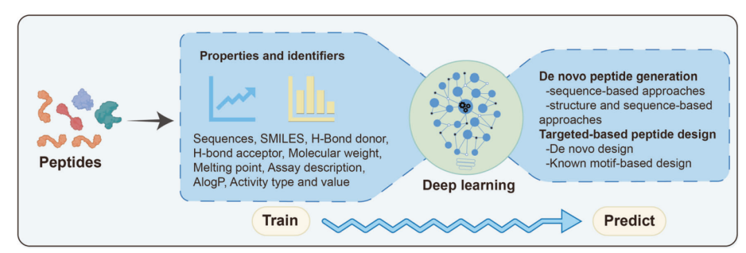 深度学习在多肽药物设计中的应用流程。上图展示了 peptide sequence、SMILES、molecular weight、H-bond donor / acceptor、AlogP、activity type and value 等输入特征如何进入 deep learning 模型，并用于 de novo peptide generation 和 target-based peptide design。
