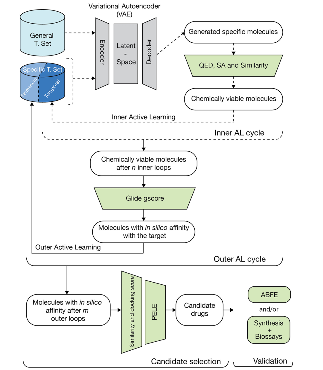该图表展示了生成式模型（GM）工作流的核心流程，包含两个嵌套的迭代过程：内层主动学习（AL）循环和外层 AL 循环。内层循环中，生成的分子通过类药性（QED）、合成可及性（SA）评分和塔尼莫托相似度阈值筛选，符合条件的分子进入临时特异性集，用于微调模型；外层循环则对临时集中的分子进行 Glide 对接评分评估，达标分子进入永久特异性集。候选分子经绝对结合自由能（ABFE）模拟和生物测定验证，整个流程实现了对特定靶标高亲和力分子的定向生成与优化。