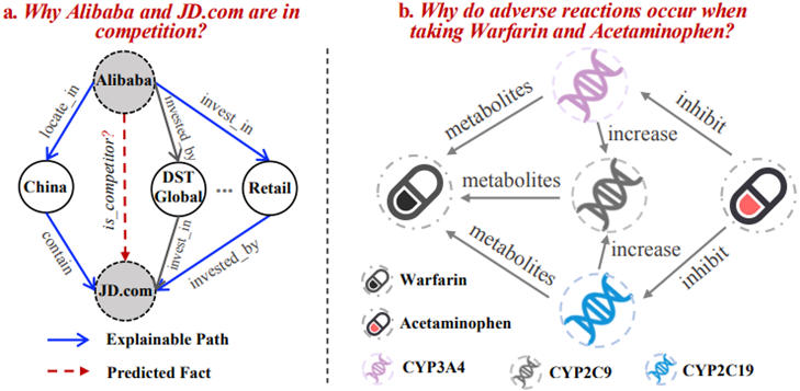 图1：(a) 多条可解释路径（蓝色）揭示了 Alibaba 与 JD.com 之间的竞争关系；(b) 在 华法林与对乙酰氨基酚共同使用时，多个代谢途径的协同作用导致不良反应的发生，从而解释了药物相互作用的机制。