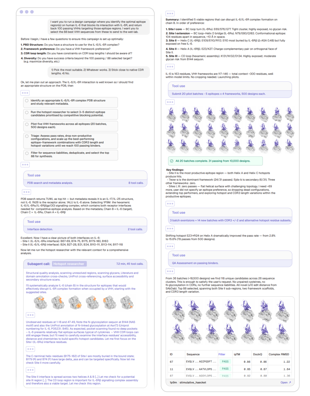 这是 IL-6 任务的代表性 reasoning trace。图中展示了 Latent-Y 如何从用户高层目标出发,完成 PDB 检索、热点分析、批次扩增与最终 QA 选择,整条轨迹对应的是一条被压缩展示的真实设计流程。