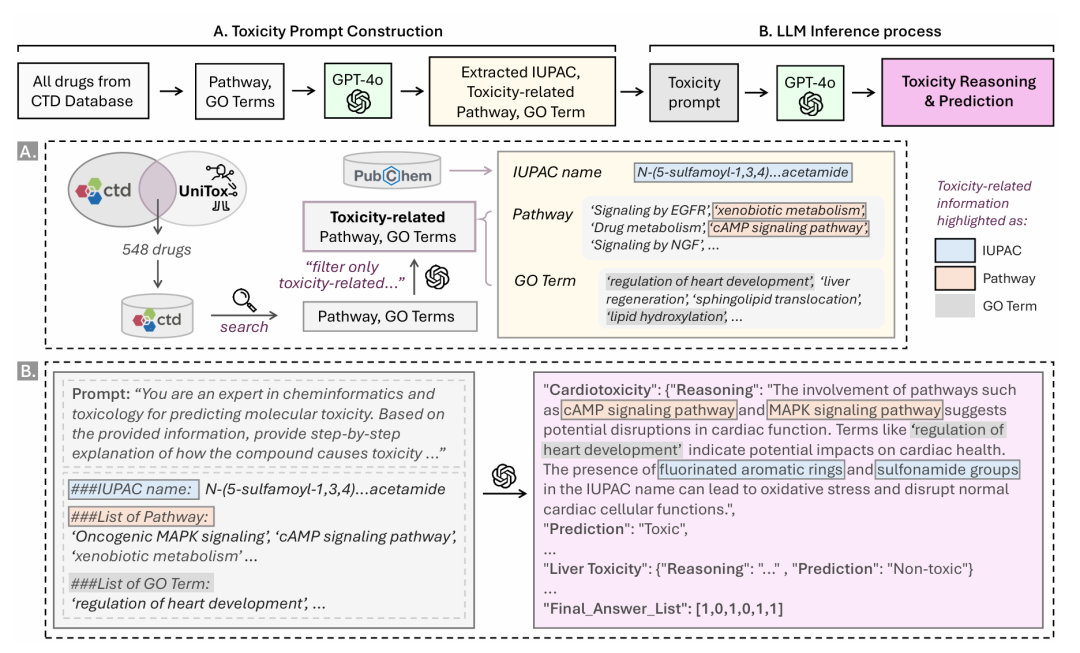 该图分为两部分展示了 CoTox 的工作流程。（A）毒性提示构建部分：从 CTD 数据库中提取与化合物相关的通路和 GO 术语，经 GPT-4o 筛选出毒性相关信息，再结合通过 PubChem 获取的 IUPAC 名称，整合形成毒性提示。（B）LLM 推理过程部分：基于构建的毒性提示，通过结构化指令引导 LLM 进行推理，生成包含推理过程和预测结果（如心脏毒性、肝毒性等的 “有毒” 或 “无毒” 判断及最终答案列表）的输出，体现了框架整合生物数据与化学结构进行毒性预测的核心逻辑。