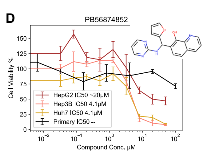 PB56874852 在 HCC 细胞系与原代肝细胞中的活性对比,显示该化合物对癌细胞具有选择性杀伤效果。