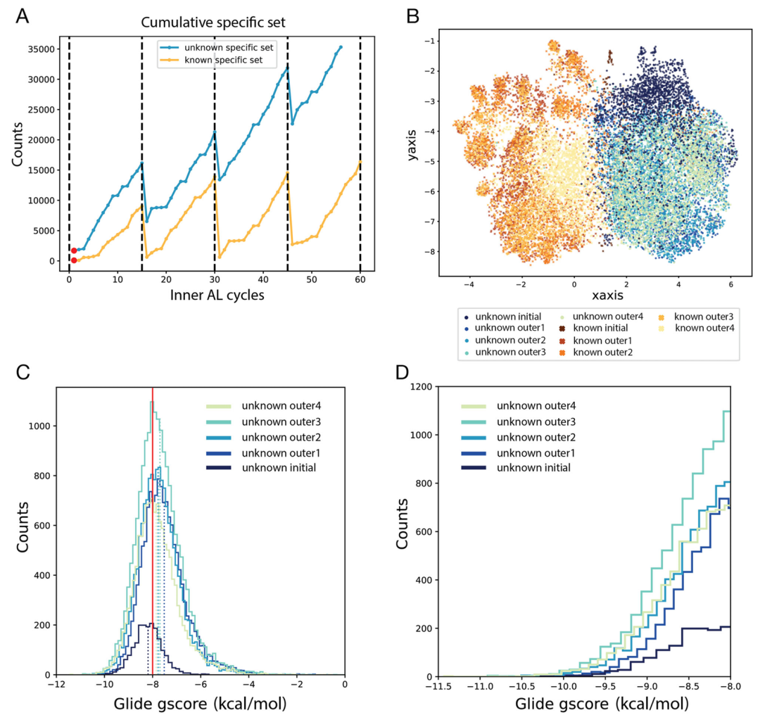 该图呈现了 KRAS G12D 的分子生成结果。A 图为已知和未知生成过程中特异性集的累积富集趋势；B 图 UMAP 显示两种生成过程的分子形成两个独立聚类，已知过程生成的分子因结构异常（如断裂环）与未知过程分子分离；C、D 图为对接评分直方图，显示未知生成过程生成了 23,488 个评分低于 - 8.0 kcal・mol⁻¹ 的分子，其中 125 个低于 - 10.0 kcal・mol⁻¹，远多于初始集的 1 个，且多数与初始集相似度低，证明在低数据场景下的有效性。
