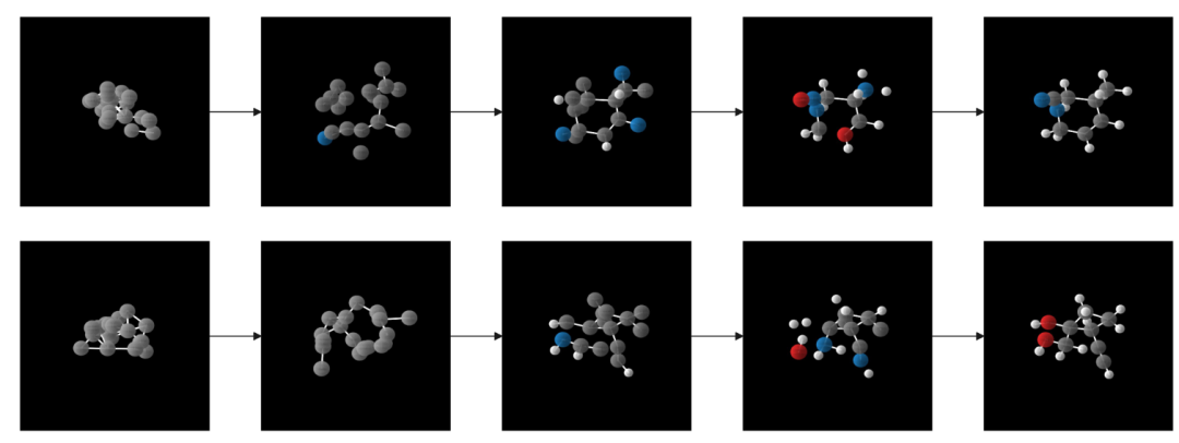 GCLDM的去噪步骤可视化 - 从随机噪声逐渐转化为稳定分子结构