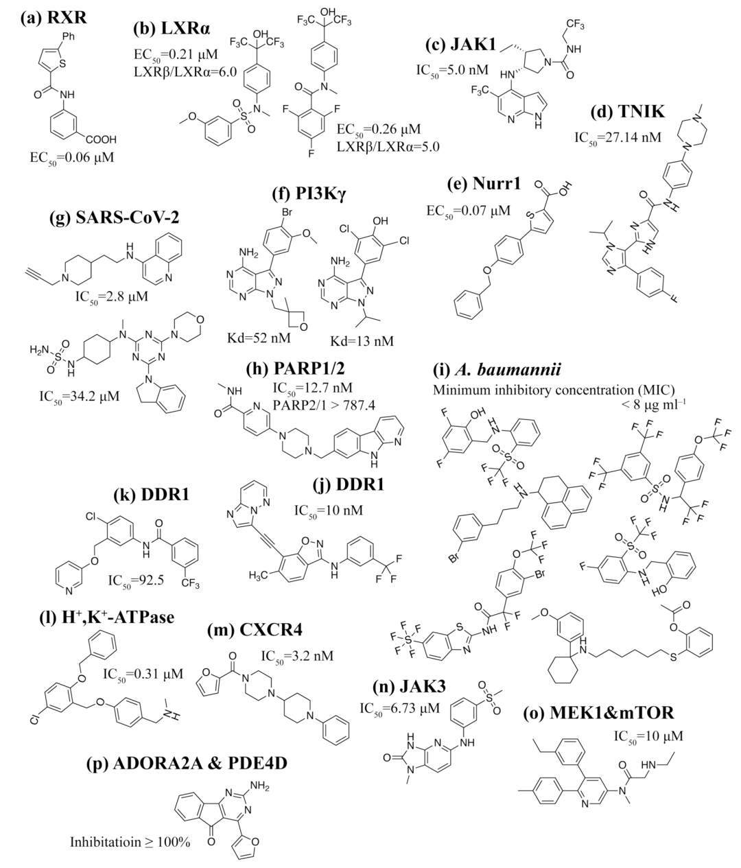 图 9 已合成并获得生物活性验证的 AI 设计分子，标注对应靶点及代表性活性、亲和力或抑制指标。