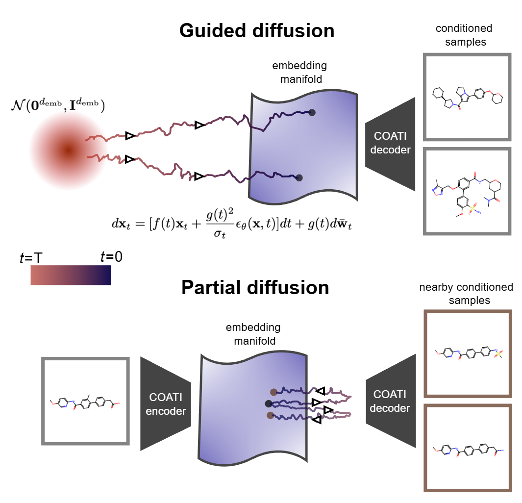 潜扩散与部分扩散的示意图，展示从噪声到分子流形的映射过程