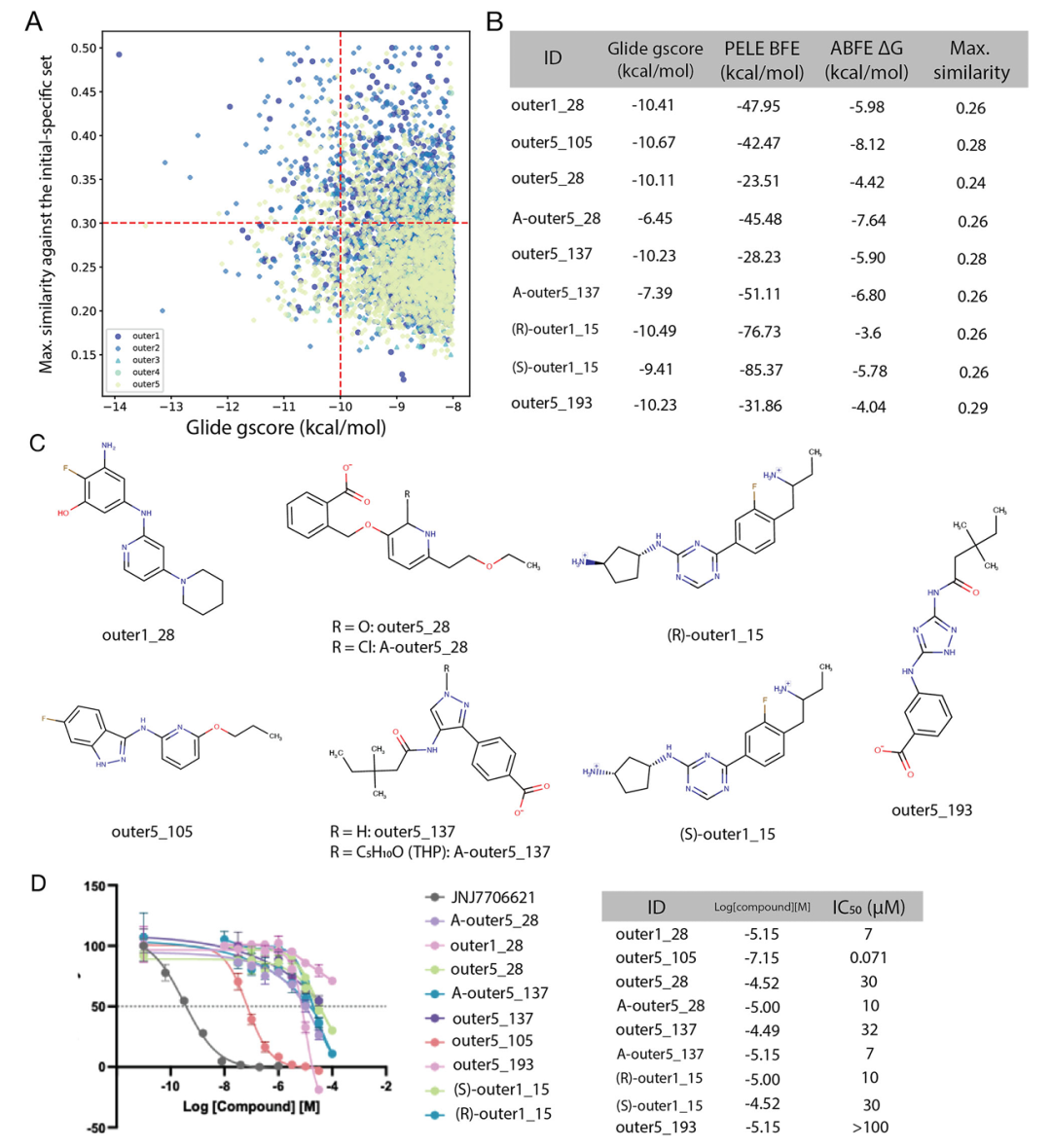 该图展示了 CDK2 候选分子的筛选过程及实验结果。A 图为 Glide 评分低于 - 8 kcal・mol⁻¹ 且与初始集相似度低于 0.5 的分子散点图，红色虚线标记筛选阈值（评分≤-10 kcal・mol⁻¹，相似度≤0.3）；B 表列出合成分子的分子建模（MM）亲和力预测及相似度数据；C 图为合成分子的化学结构；D 图显示 9 个合成分子中 8 个具有体外活性（IC₅₀<50 μM），其中 outer5_105 的 IC₅₀达 71 nM，验证了工作流生成分子的活性潜力。