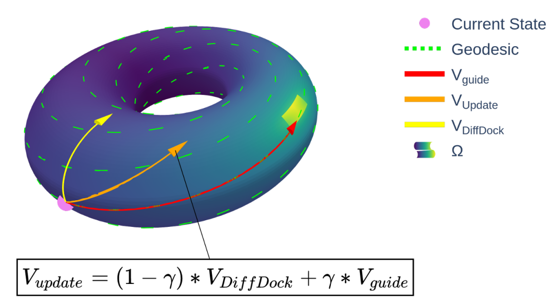 该图展示了在扭转空间SO(2)ᵐ中的几何引导方法。这里以一个含两个扭转角的化合物为例，扭转空间被视作二维环面（torus）。在该环面上，两个点之间的最短Geodesic会周期性地绕行。图中说明了如何通过计算最短路径及其切向向量来引导配体扭转角收敛到目标区域。
