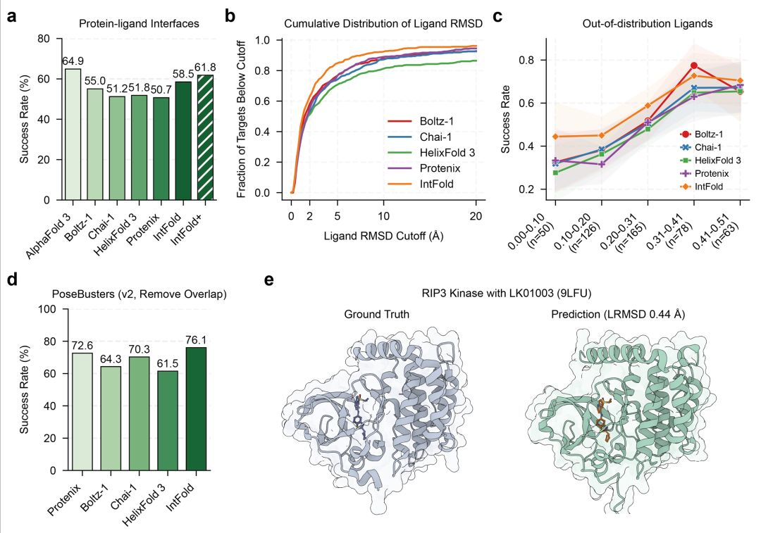 图3.(a)蛋白质 - 配体界面预测的成功率;(b)配体 RMSD 得分的累积分布,显示不同 RMSD cutoff 下的预测比例;(c)配体与训练集相似度对成功率的影响,测试对新配体的泛化能力;(d)PoseBusters v2 基准测试(排除训练集见过的靶标)的成功率;(e)近期发布的 RIP3 激酶与 LK01003(9LFU)的蛋白质 - 配体预测示例(LRMSD 0.44Å)。