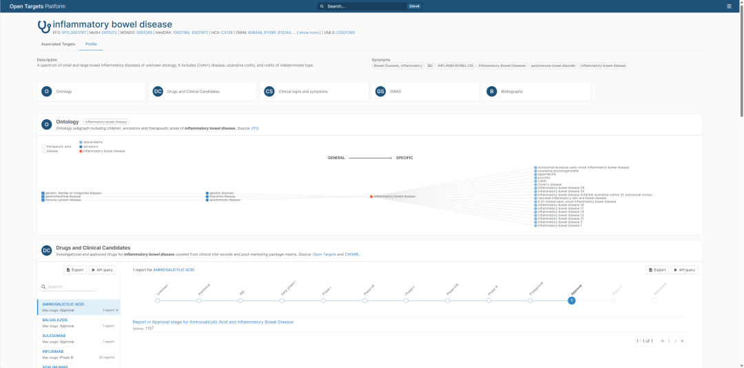 Open Targets 中 inflammatory bowel disease 的疾病页面。实战中第一步不是直接看靶点，而是先确认疾病名称、数据库 ID、本体位置和疾病定义。