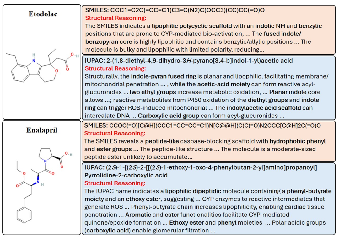 该图通过 Etodolac 和 Enalapril 两种化合物，对比了 SMILES 和 IUPAC 作为输入时的结构推理差异。对于 Etodolac，SMILES 仅模糊描述原子连接性，而 IUPAC 名称能明确体现 “吲哚 - 吡喃稠环”“羧酸基团” 等结构，支持更详细的脂溶性、生物活化潜力等推理；对于 Enalapril，IUPAC 名称可帮助识别 “苯丁酸酯”“二肽结构” 等，更准确关联潜在毒性通路，表明 IUPAC 的解释性和语言对齐性更适合 CoTox 的思维链毒性预测。