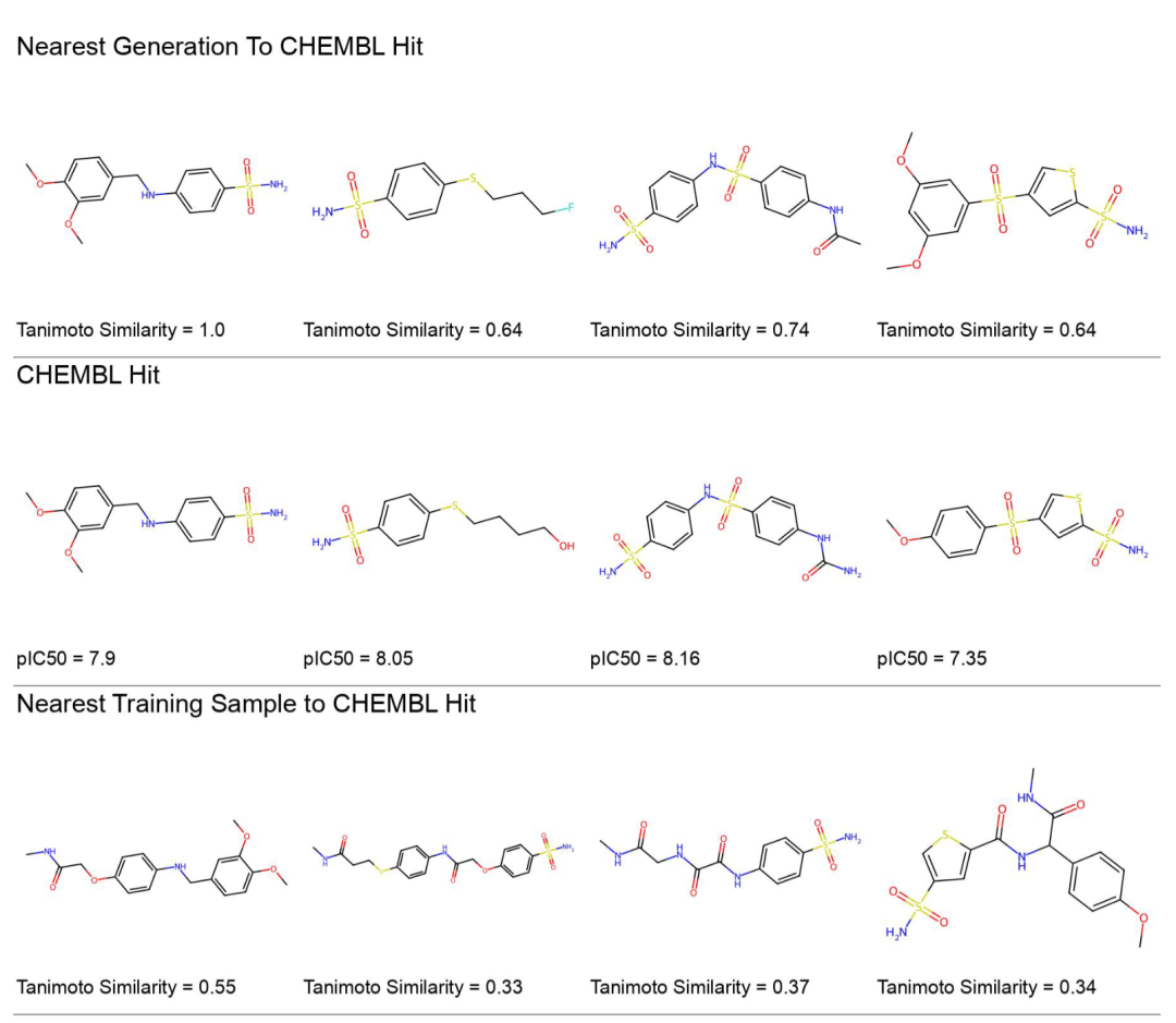 生成的 hCAII 分子及其与公共库中已知分子的相似度对比