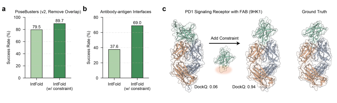 图6.(a、b)IntFold 在有无结构约束时,在 PoseBusters 数据集和抗体 - 抗原界面预测的成功率对比;(c)PD1 信号受体与 FAB(9HK1)的案例研究,显示添加结合界面约束后,模型从错误预测转为正确对接构象(DockQ 分别为 0.06 和 0.94)。