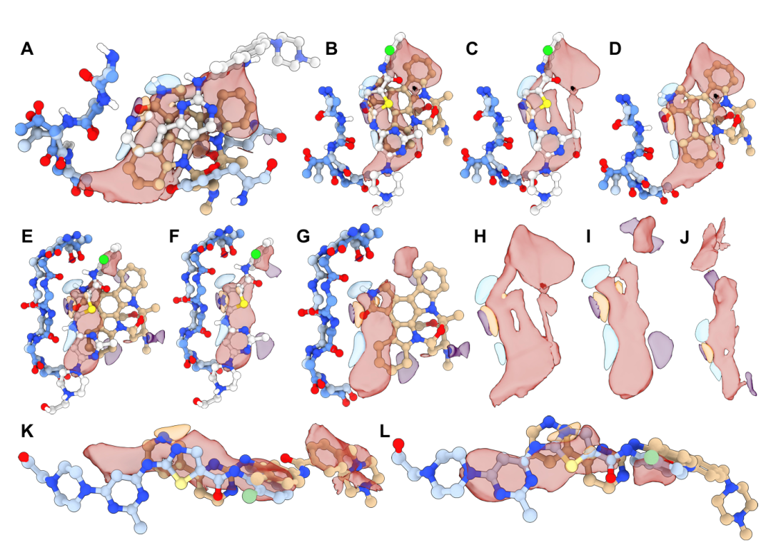 图 S2:实验晶体结构中的配体印记分析。该图分析配体对 TPM 预测的影响。A 为伊马替尼与星孢菌素在 BCR-ABL1 中的结构重叠,TPM 反映各自配体化学特征;B-L 展示不同配体结合的 BCR-ABL1 的 TPM 差异,显示 TPM 受配体影响但能捕捉通用结合特征,证明模型未过度记忆特定配体结构。
