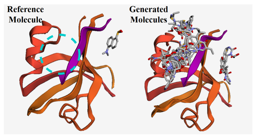 蛋白质结合目标下的生成分子可视化，展示模型发现的新结合位点