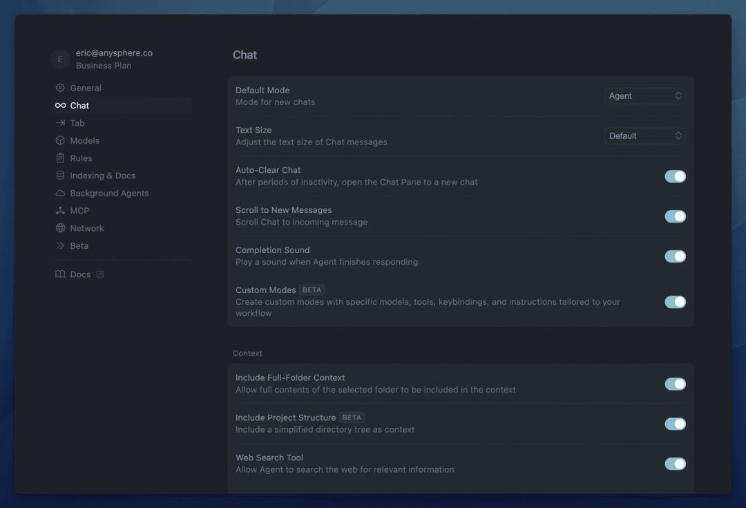 Settings in Cursor