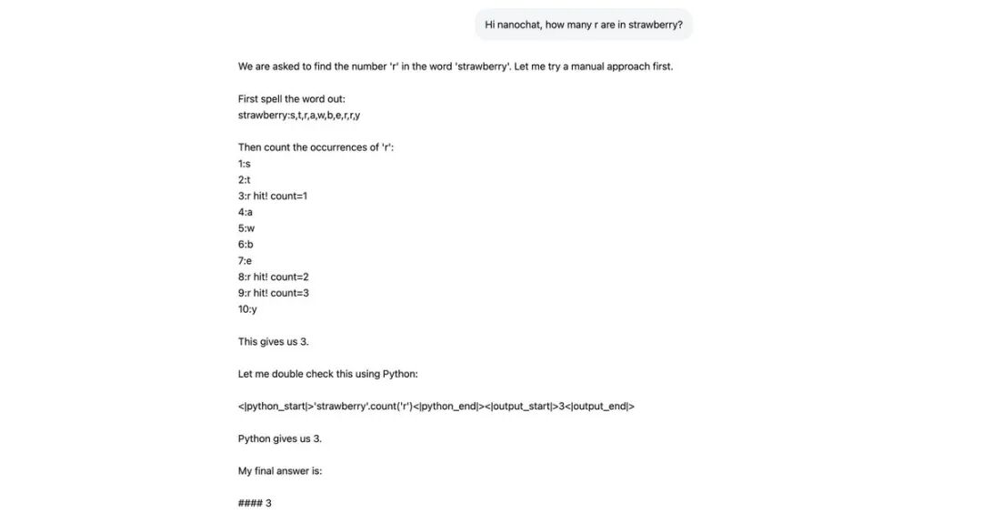 Screenshot displays a conversation where a user asks the model to find the number of r in strawberry using a manual approach. The model responds by standardizing the word in quotes spelling it out letter by letter and iterating with an explicit counter: starting at 0 incrementing for each r found reaching 3. Includes Python code snippet for verification using a function to count occurrences.