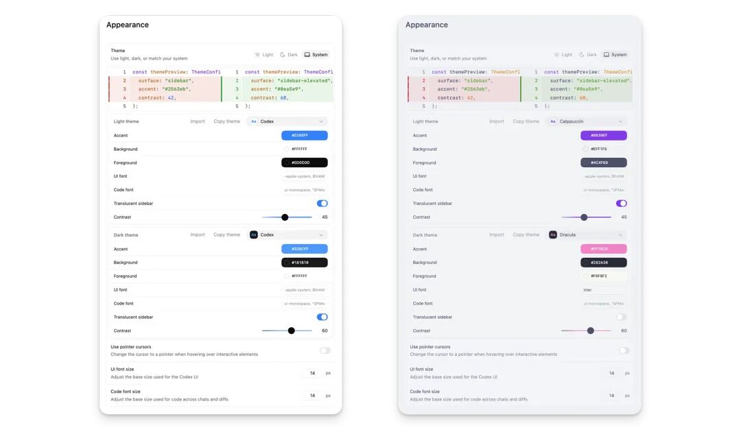 Codex app Appearance settings showing theme selection, color controls, and font options