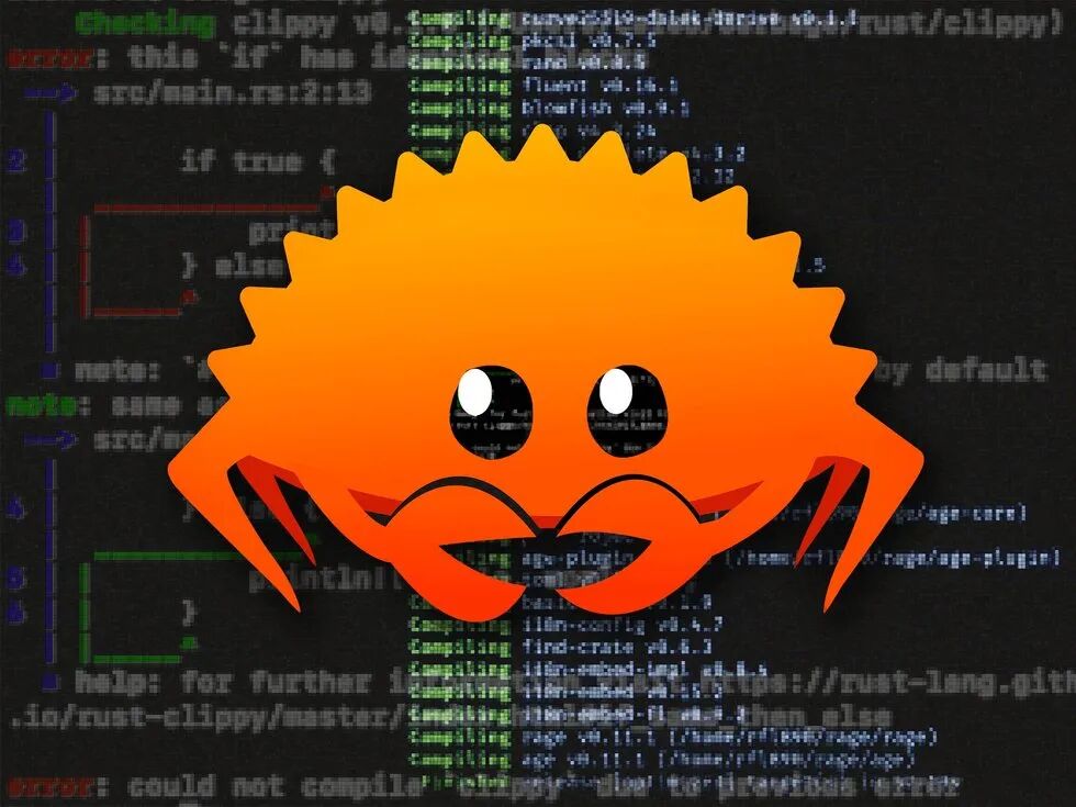 Ferris the crab, known as the unofficial mascot for Rust's programming language, against an abstract background of code.