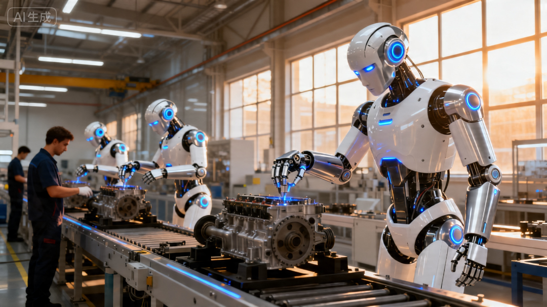 2030年工厂产线——人形机器人与工人并肩协作（AI生成）