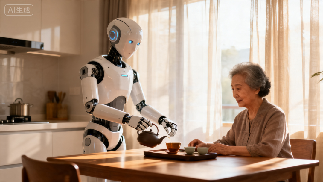 2031年家庭场景——机器人保姆照顾老人（AI生成）