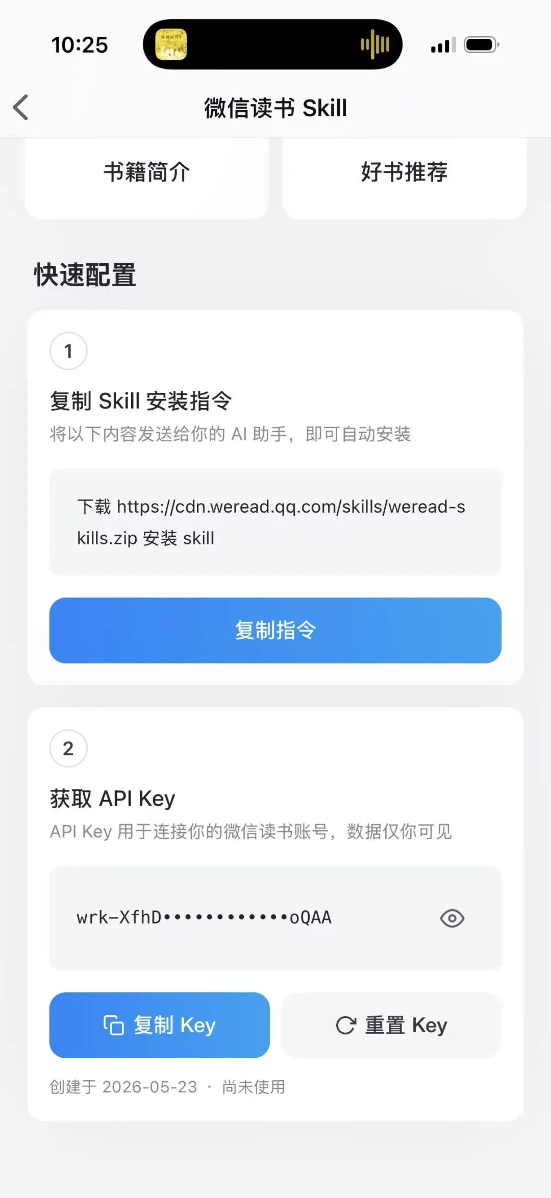 微信读书 App 内置的 Skill 配置页