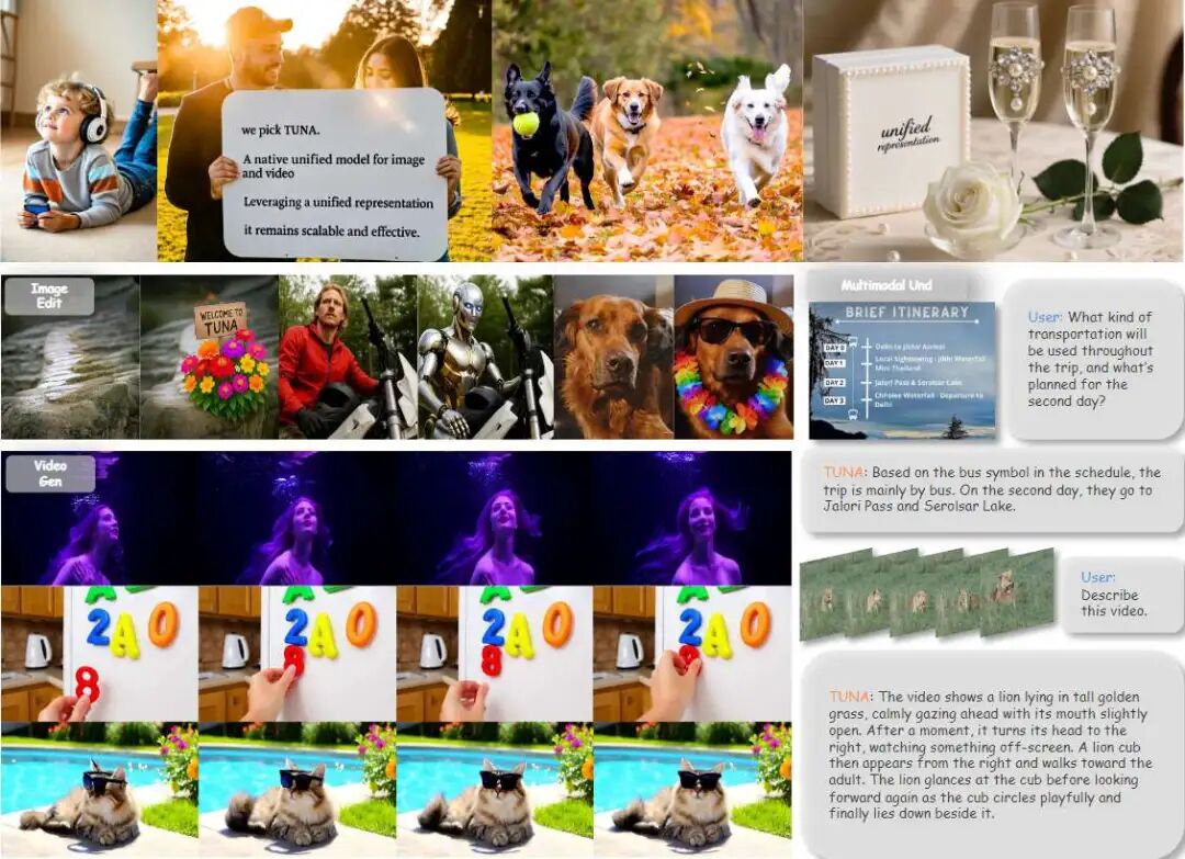 图1 展示了Tuna，这是一个基于统一视觉表示的原生统一多模态模型，支持多样的多模态理解与生成能力，如图像和视频理解、图像与视频生成以及图像编辑。