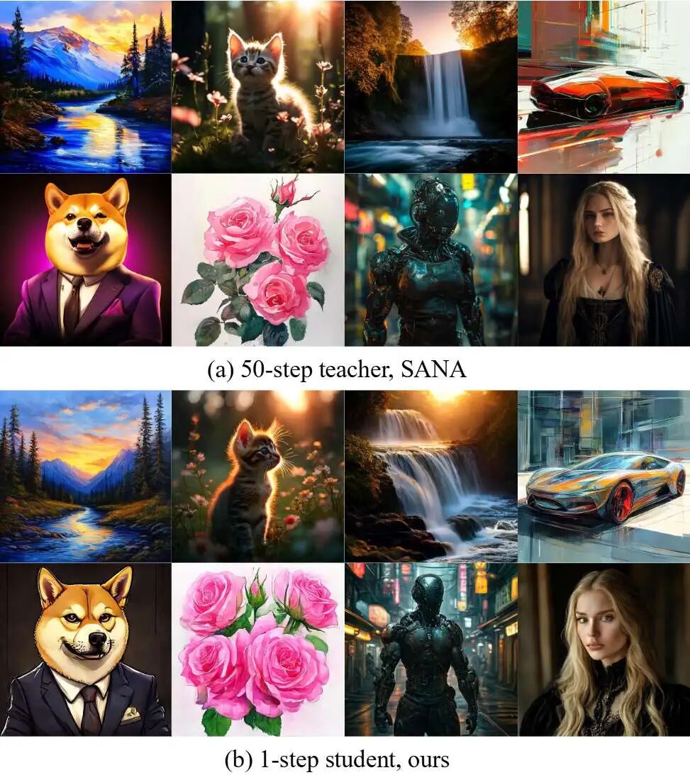 图 1.50 步教师 SANA和我们的 1 步高清方法的生成质量比较。本文方法达到了与多步骤教师相当的质量。