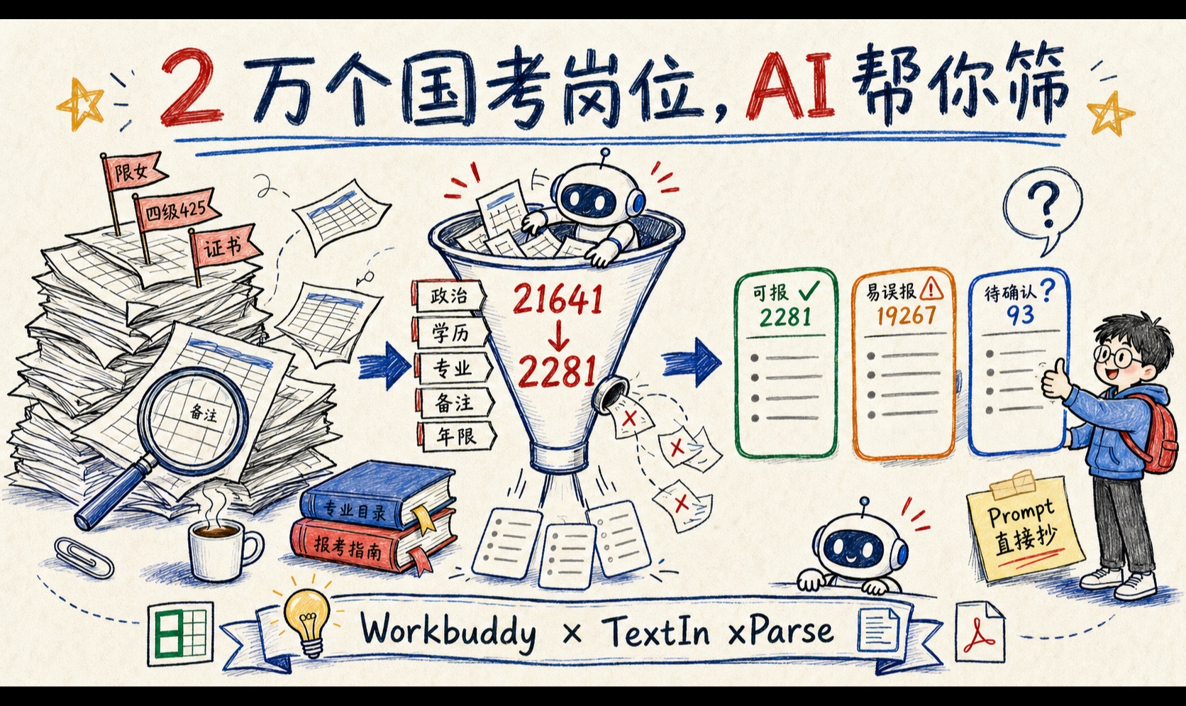 把 2 万行国考职位表直接丢给 AI 之后：我用 WorkBuddy + TextIn xParse 搭了个不漏坑的选岗 Agent