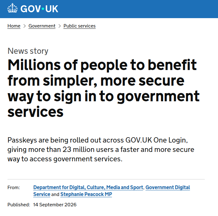 通行密钥在政务统一身份平台的应用实践研究 &mdash;&mdash; 基于英国GOV.UK One Login 案例