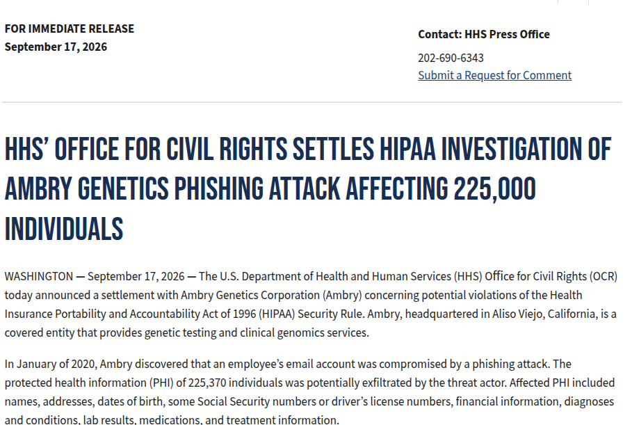 钓鱼攻击引发基因检测机构 HIPAA 合规失效案例研究