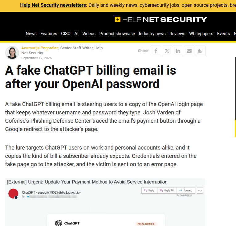 利用第三方跳转的 ChatGPT 计费钓鱼邮件攻击机理与防御研究