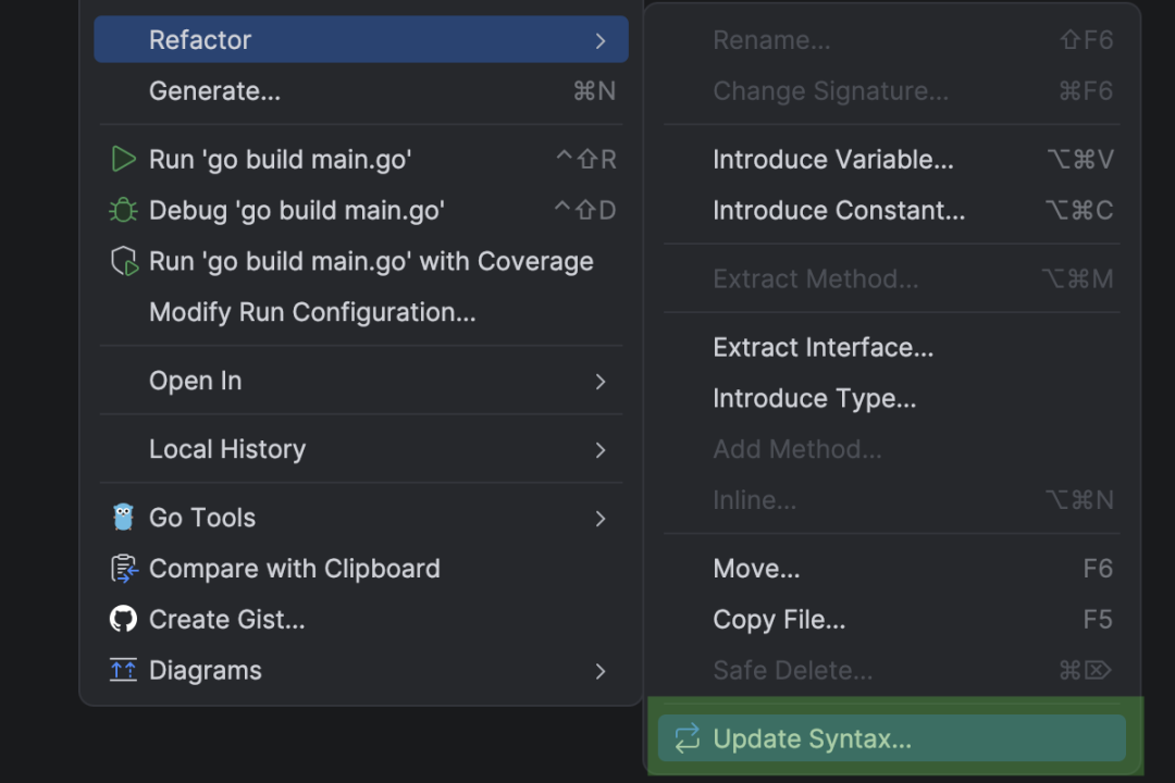 重构菜单中的 Update Syntax