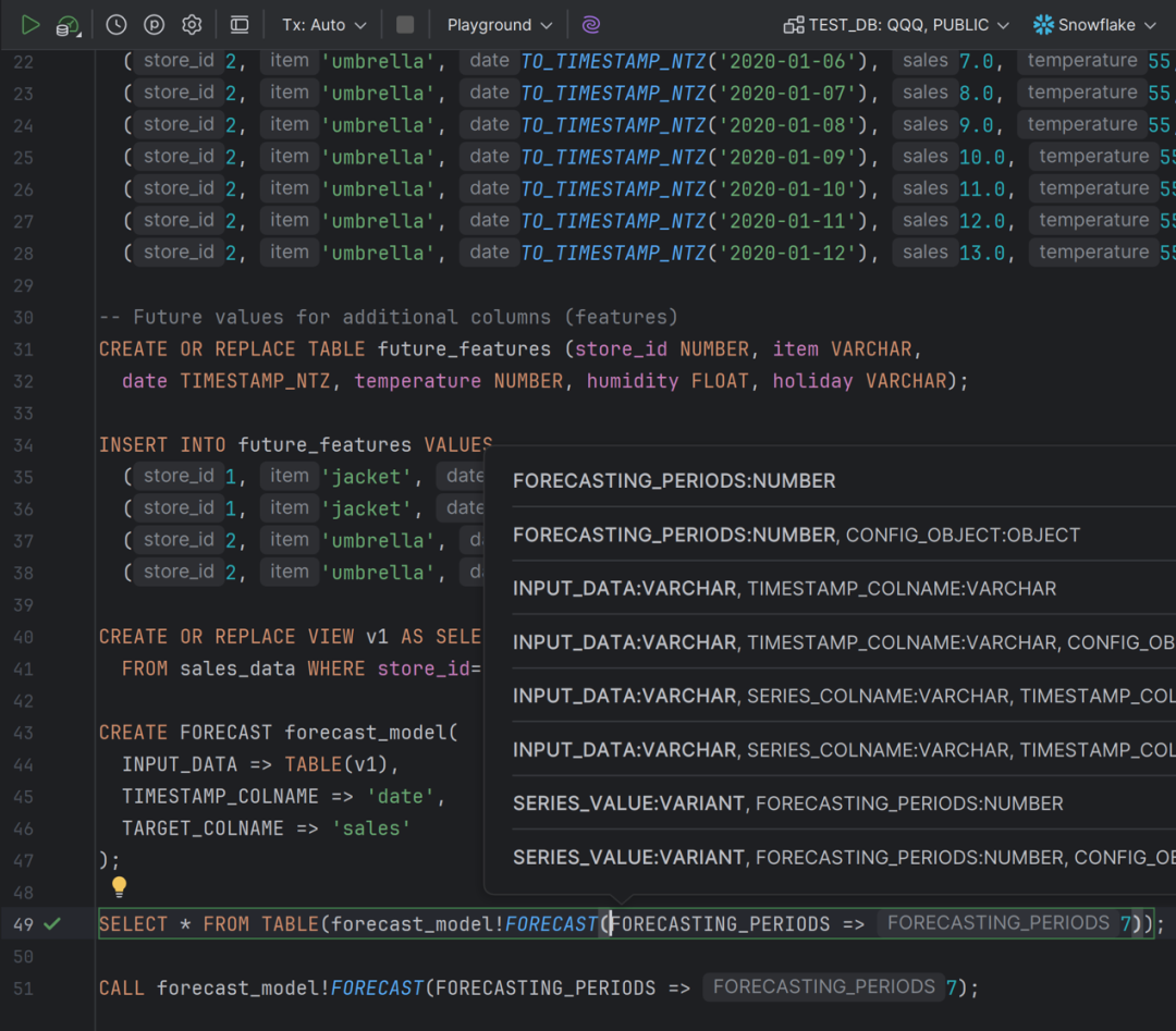 Snowflake 类支持:DDL 语法高亮,method call 智能补全