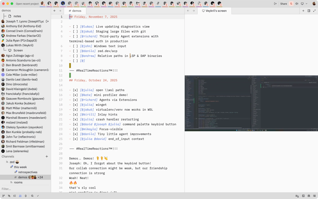 Zed Demos 活动截图：Lukas 演示新功能，全员实时观看+评论