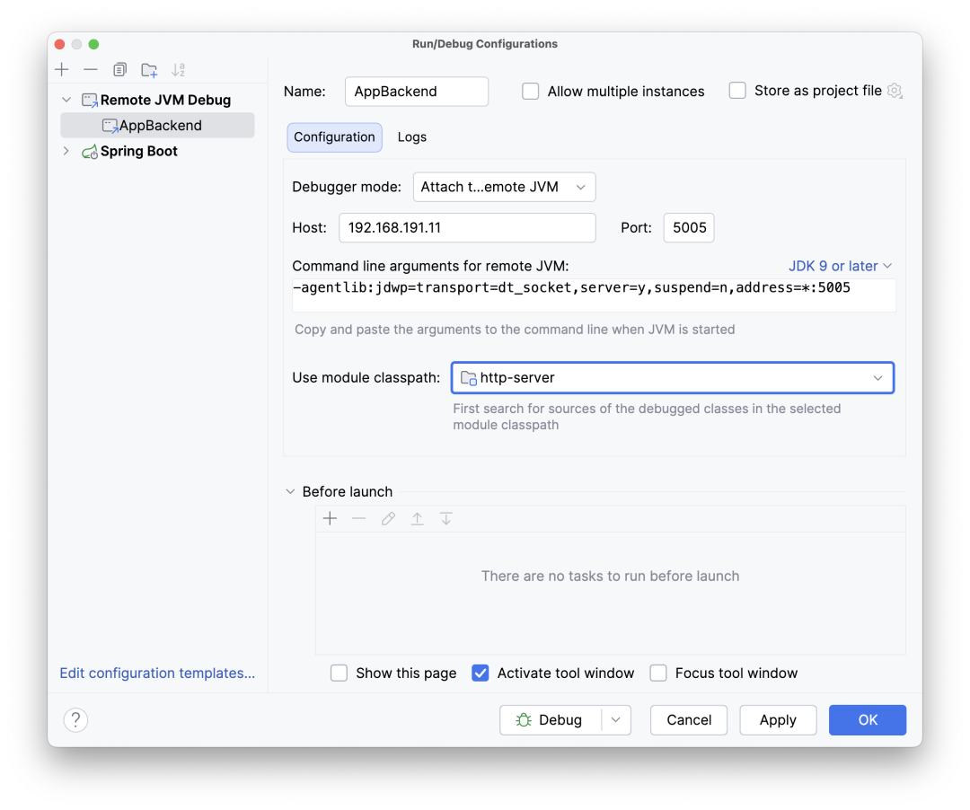 Remote JVM Debug 配置界面