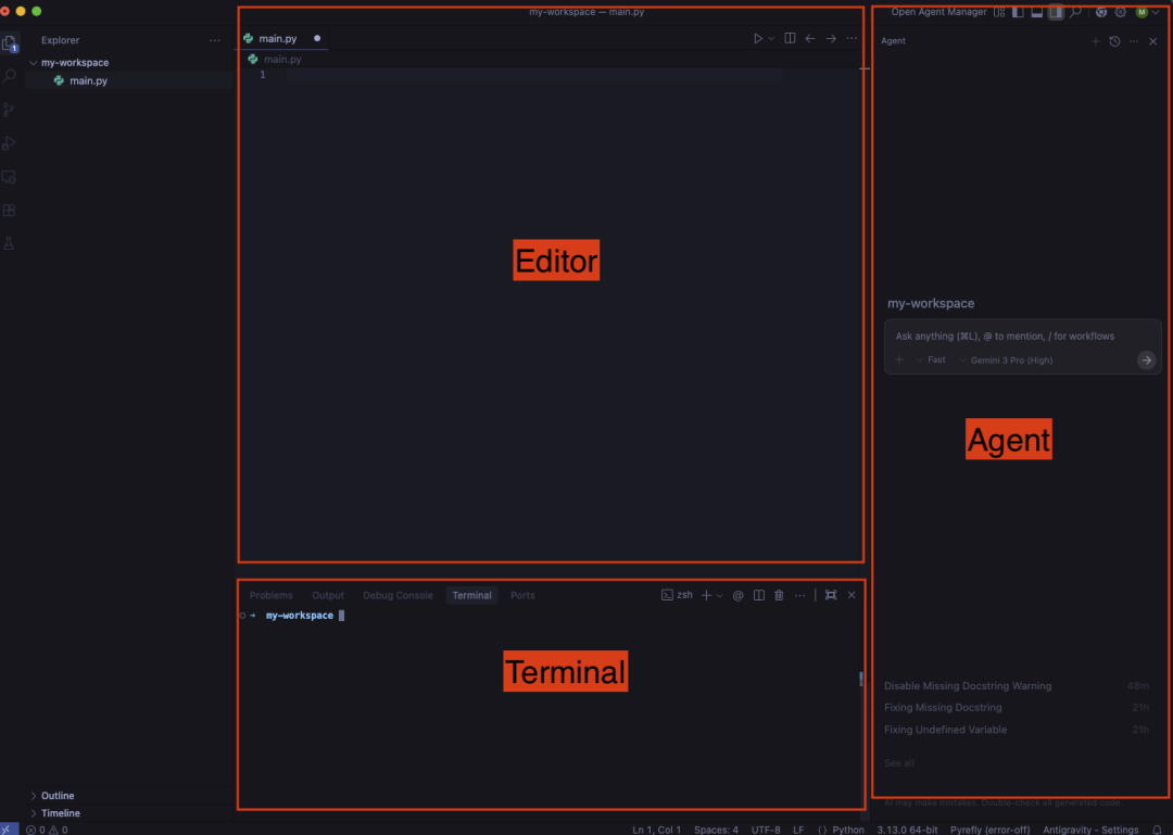 Antigravity IDE 全景：编辑器 + 终端 + Agent 面板三合一
